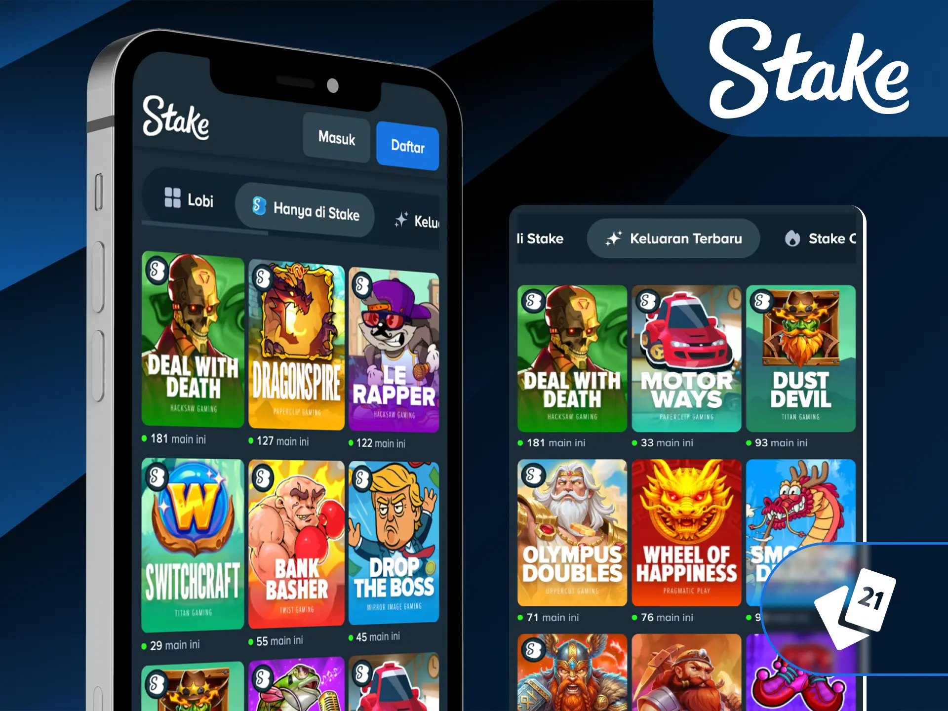 Mainkan slot dan live dealer kasino seluler melalui layanan Stake App.
