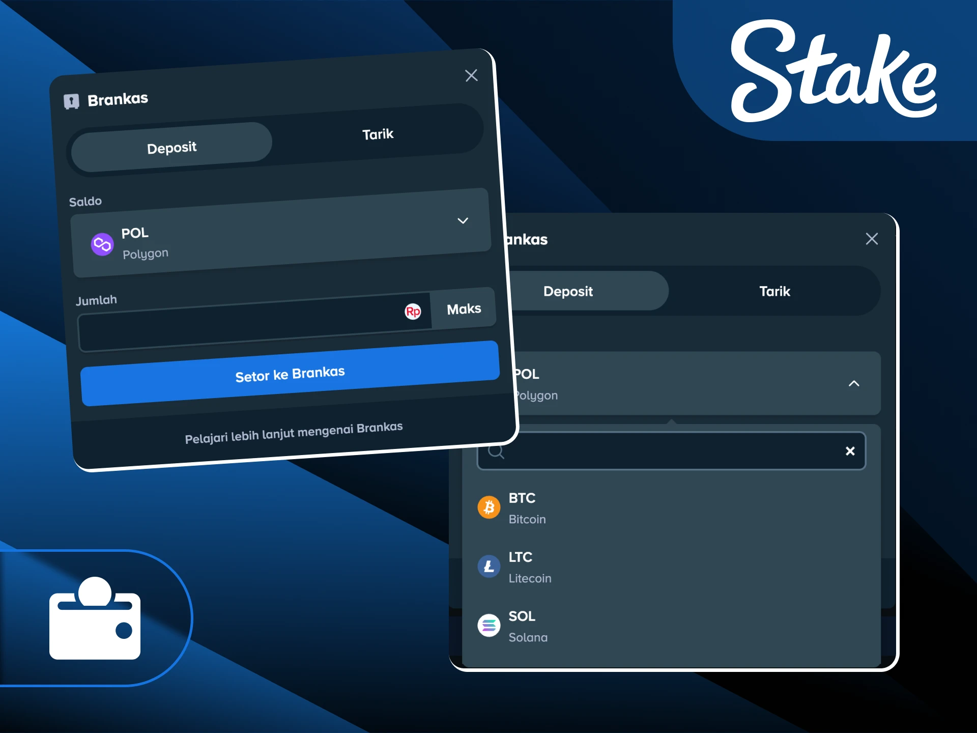 Gunakan berbagai metode deposit yang praktis sebagai cara mengisi saldo akun Stake Indonesia Anda.
