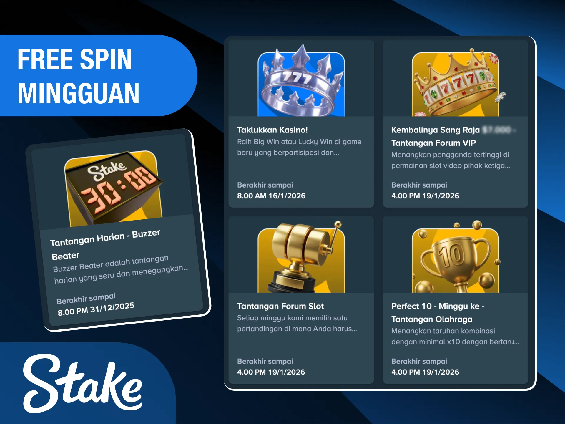 Ambil hadiah free spin mingguan untuk bermain slot di Stake Indonesia.