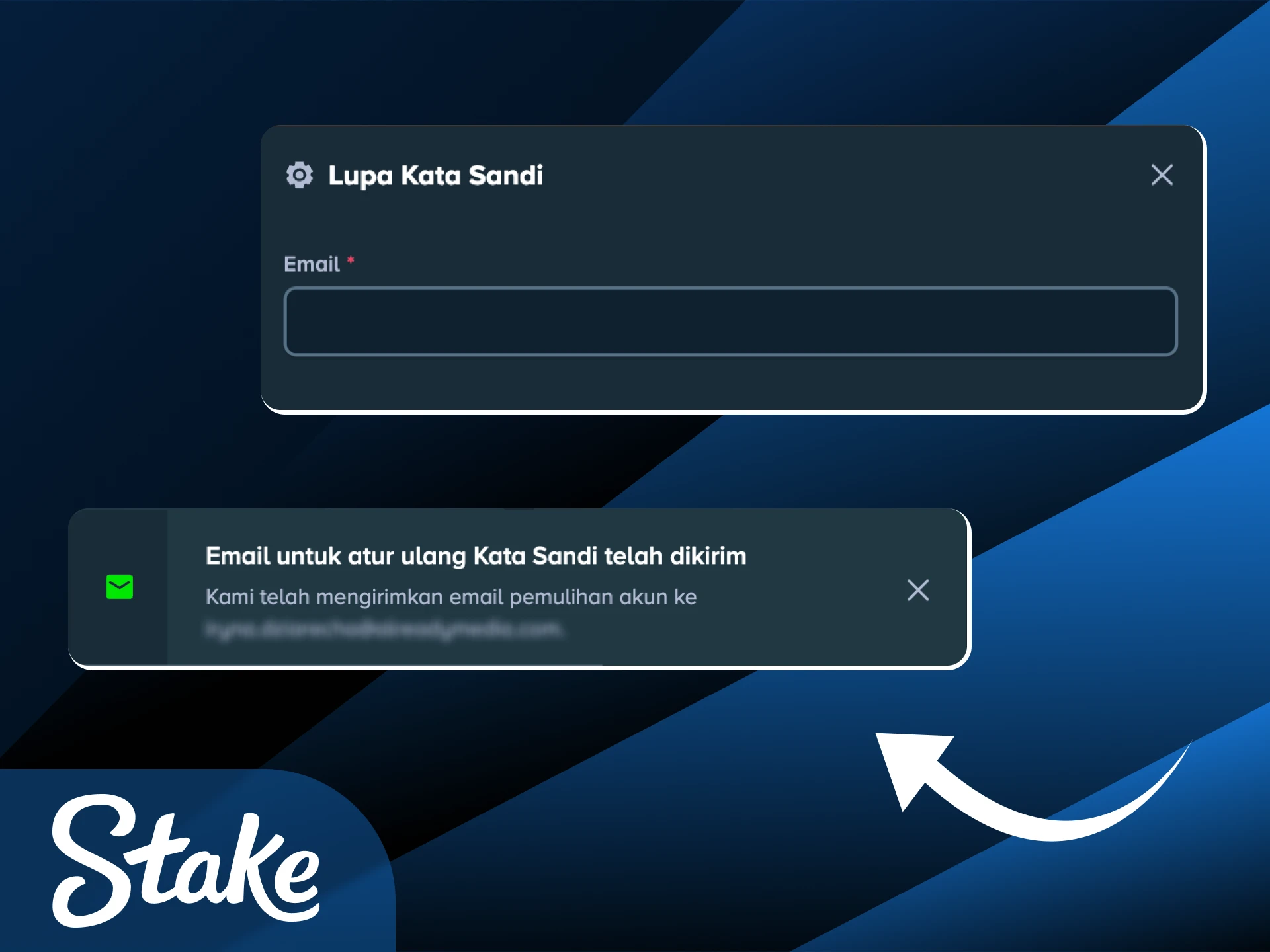 Gunakan fitur pemulihan kata sandi akun jika Anda kehilangan akses Stake Indonesia.