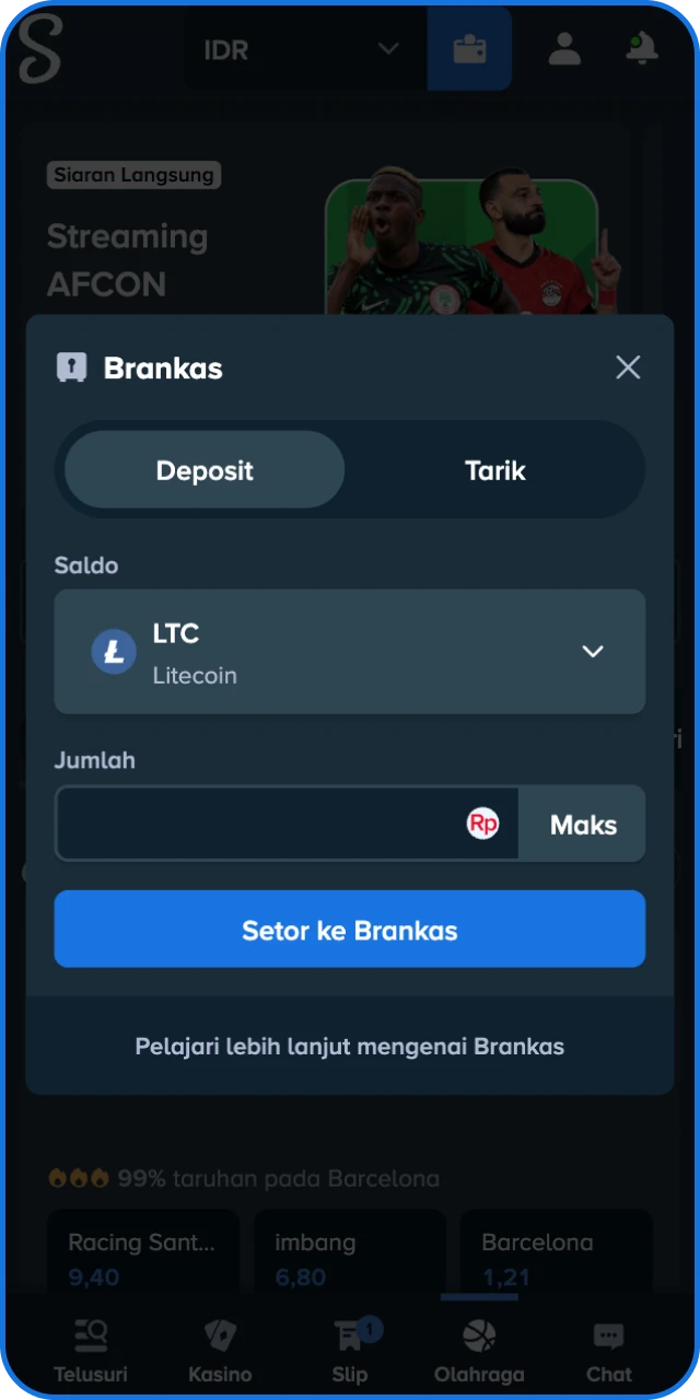 Lakukan deposit dana ke saldo akun Anda untuk memicu bonus Stake Indonesia.