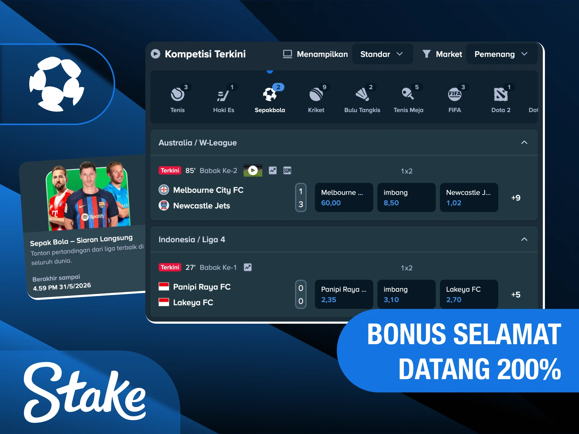 Klaim segera bonus selamat datang sebesar 200% khusus untuk taruhan sepak bola di Stake Indonesia.