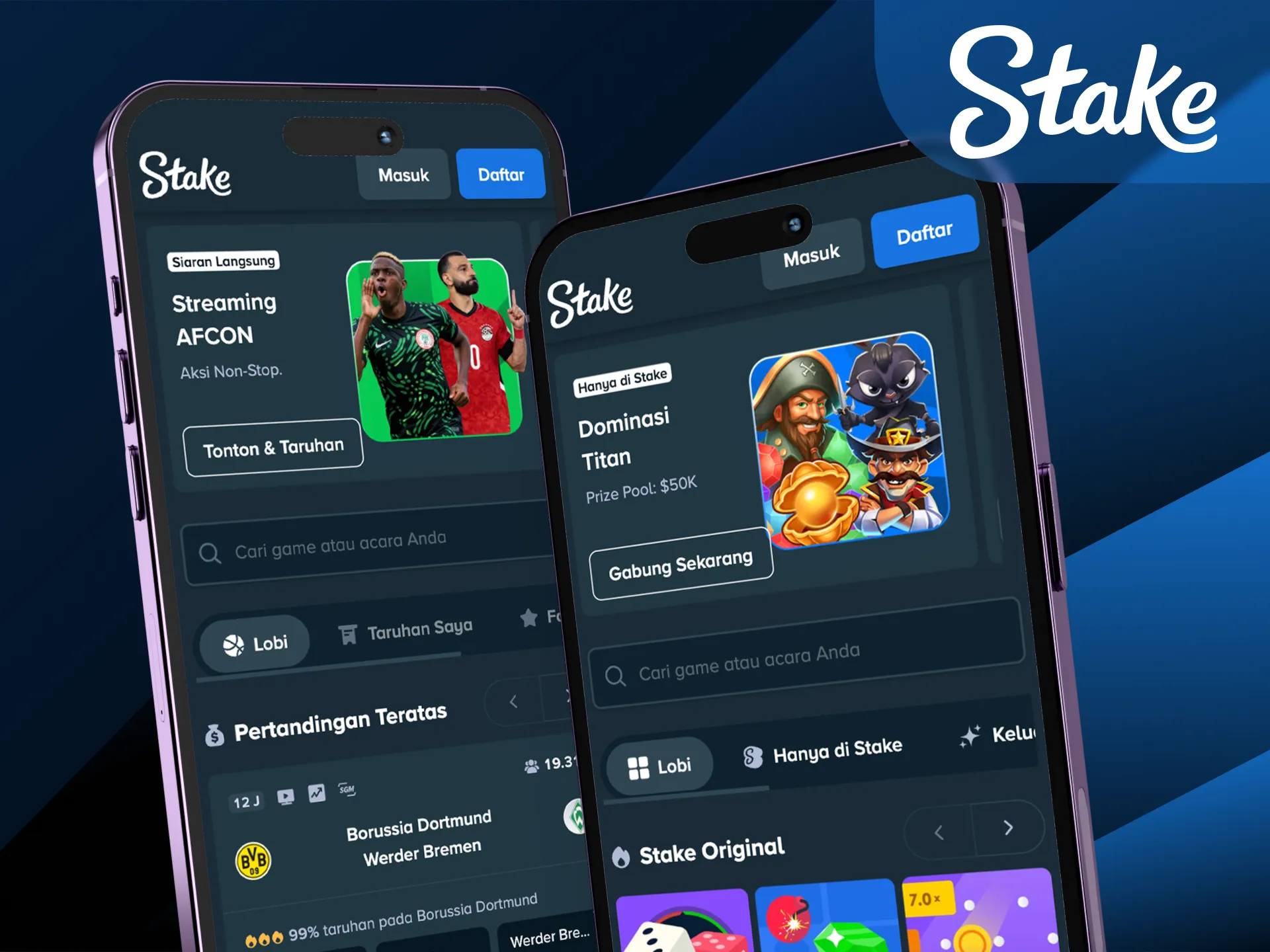 Akses versi mobile website Stake Indonesia tanpa perlu mengunduh aplikasi tambahan.